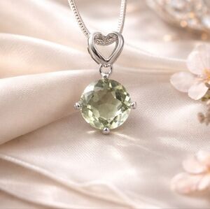 Silver Heart Pendant Necklace with Green Amethyst Gemstone